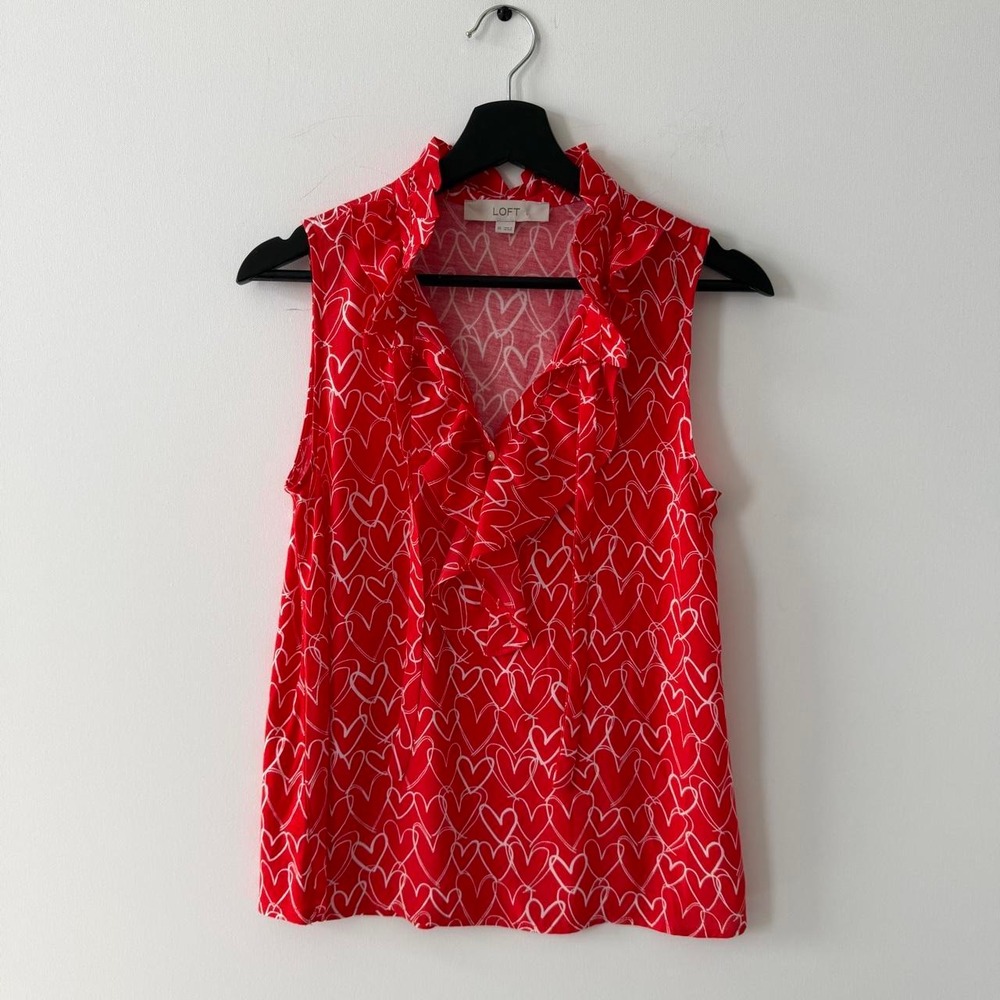 Loft Blouse Womens XS Ruffle Sleeveless Red Heart Print